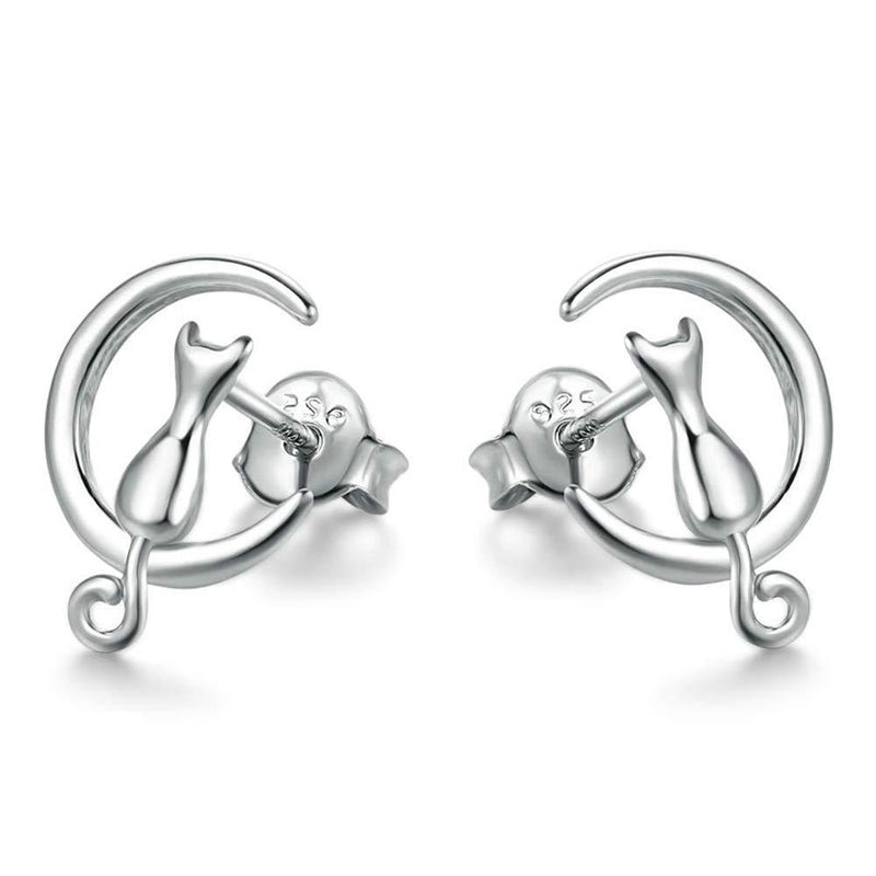 [Australia] - Stud Earrings Sterling Slver for Women Girls, Silver Cat Earrings Studs, Moon Earrings Silver, Cat on Moon Earrings, Moon Cat Earrings, Ladies Small Stud Earrings Set Sleeper Hypoallergenic 