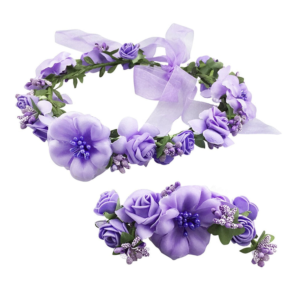 [Australia] - Wedding Bride Garland Women Floral Headband Flower Girl Adjustable Headwear Ladies Artificial Floral Hoop wih Wristband Beach Hawaii Wreath Crown Set Bohemia Headpieces Bracelet for Party Festival purple 