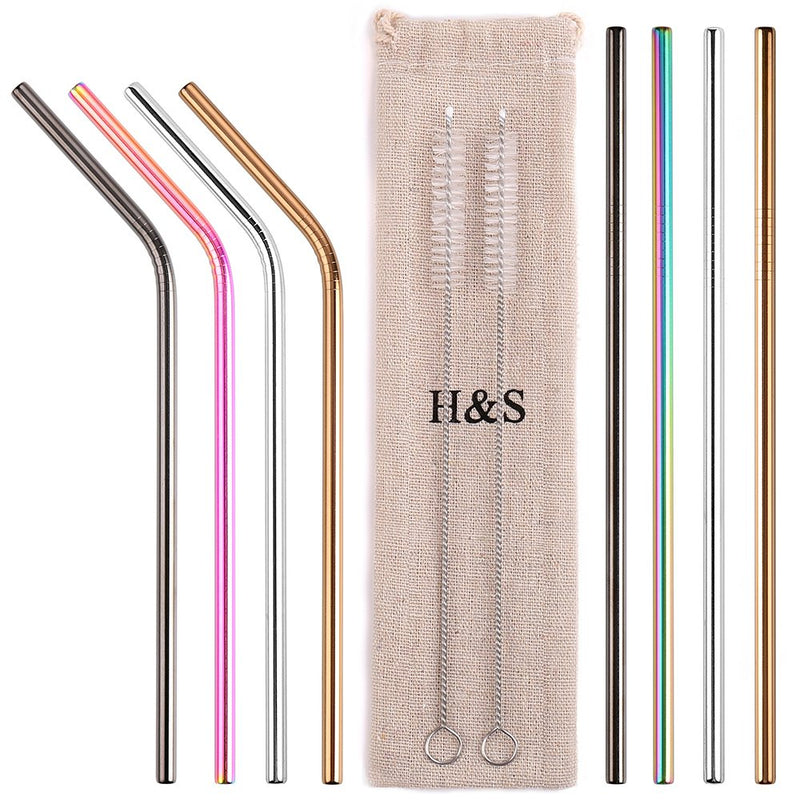 [Australia] - H&S 8 Metal Straws Reusable Coloured Stainless Steel Drinking Straws 2 Cleaning Brush Cleaner for Smoothie Hot Drinks with Bag Rainbow 