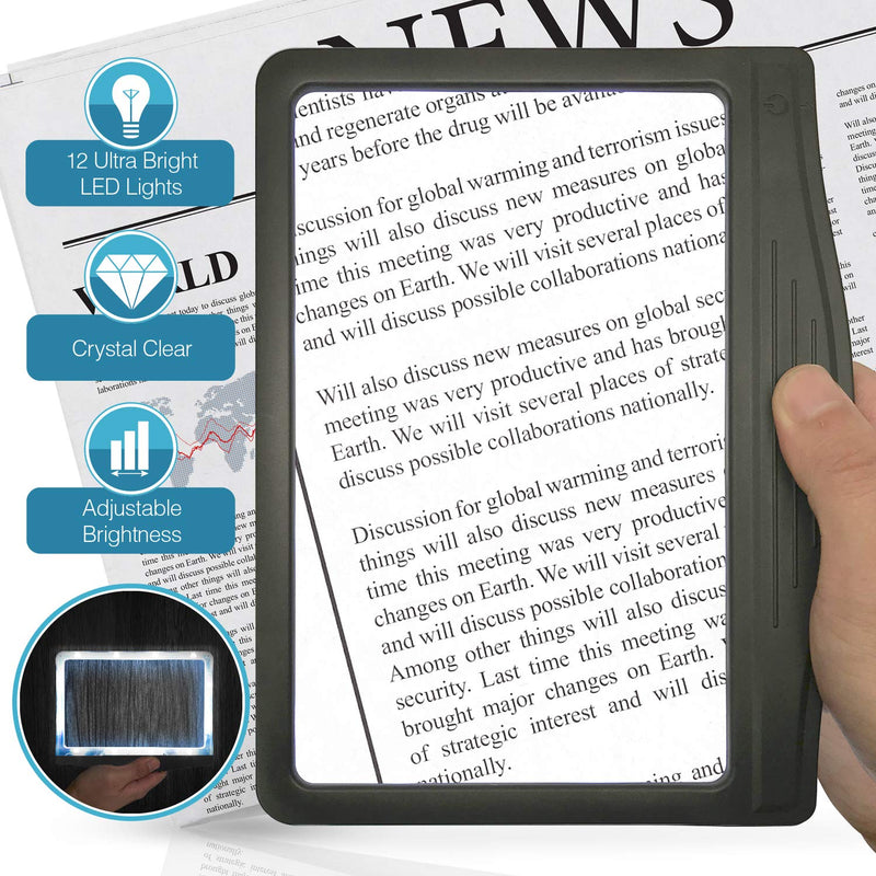 [Australia] - MagniPros 3X Large Ultra Bright LED Page Magnifier with 12 Anti-Glare Dimmable LEDs (Provide More Evenly Lit Viewing Area & Relieve Eye Strain)-Ideal for Reading Small Prints & Low Vision & Aging Eyes Black 