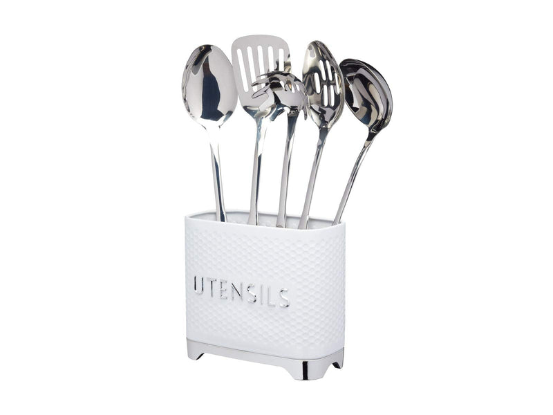 [Australia] - KitchenCraft Lovello Textured Utensil Holder with Geometric Hexagon Pattern, 20 x 10 x 18 cm (8" x 4" x 7") - Ice White 