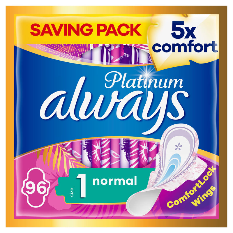 [Australia] - Always Platinum Sanitary Towels with Wings, Size 1, Normal, 96 Towels (24 x 4 Packs), SAVING PACK, Odour Neutraliser, Super Absorbent Core Size 1 (Pack of 96) 