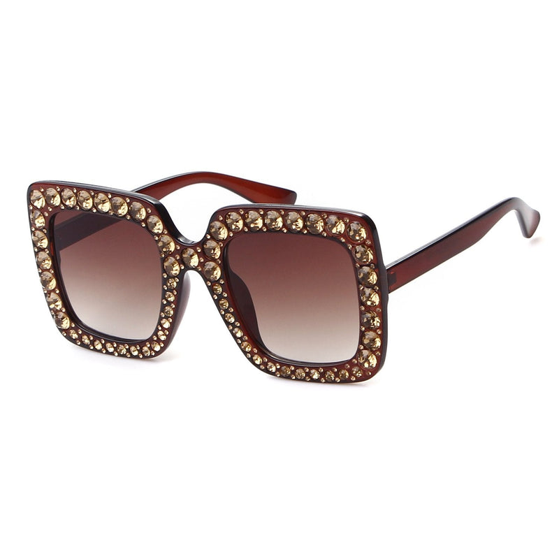 [Australia] - ADEWU Oversized Square Diamond Sunglasses Women UV400 Crystal Full Fram Big Eyewear Brown 