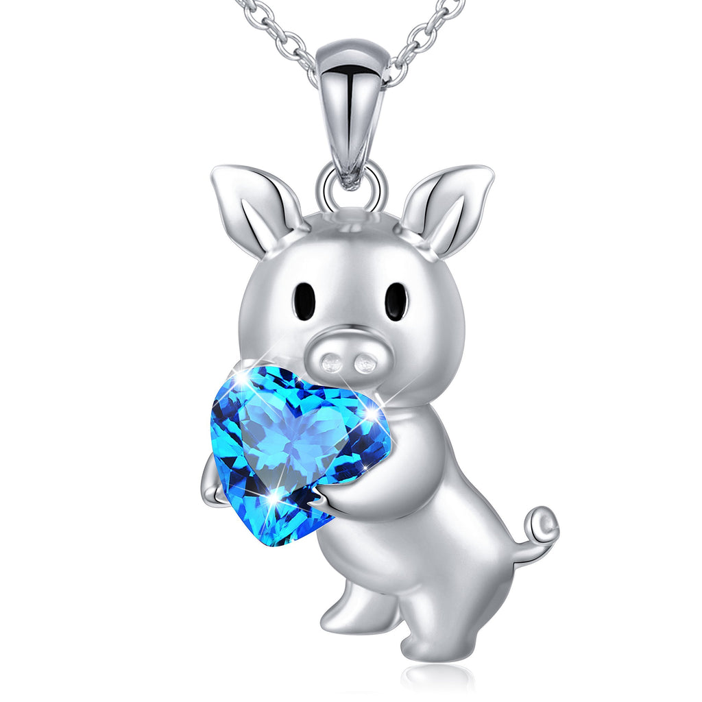 [Australia] - DAOCHONG Women Girls CZ Necklace S925 Sterling Silver Cute Pig Pendant Necklace Blue Love Heart 12 Zodiac Animal Jewelry,Chain 18’ 