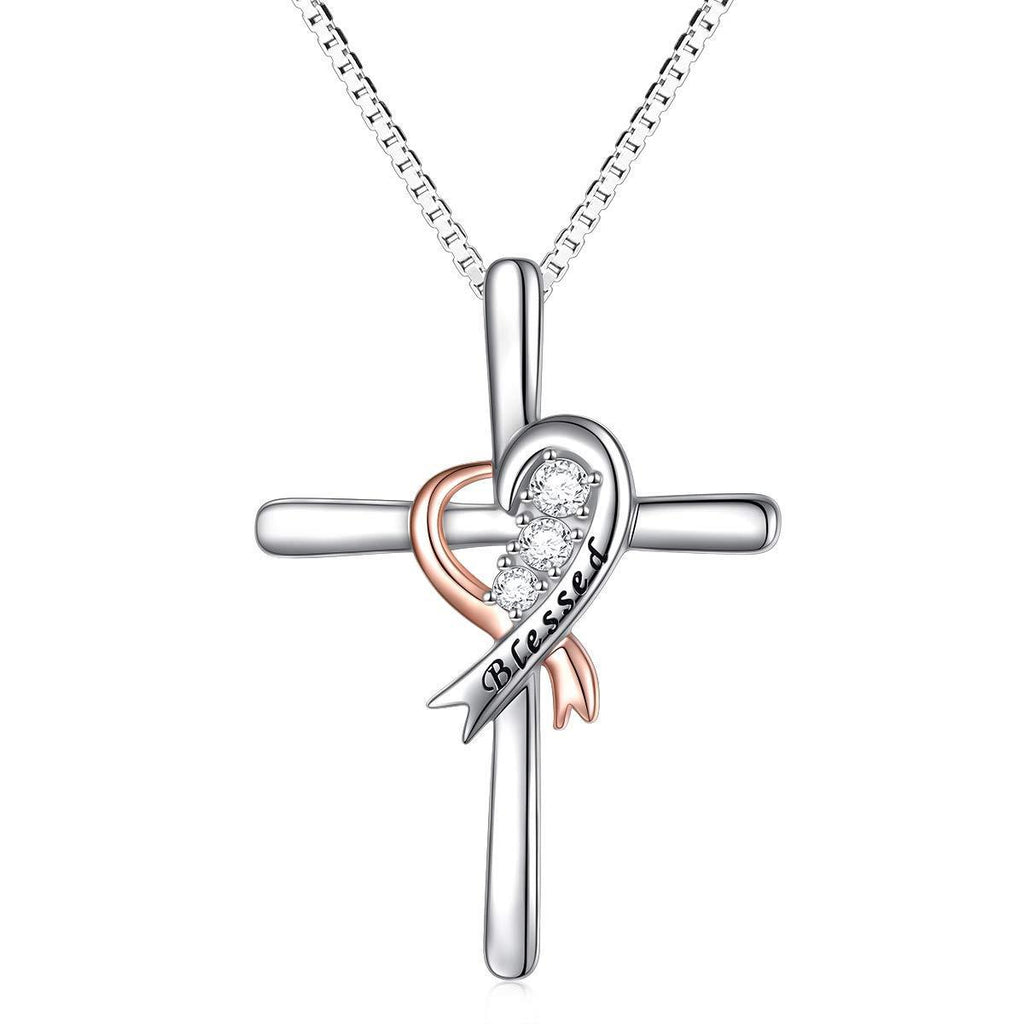 [Australia] - DAOCHONG Women Cross S925 Sterling Silver Love Heart Cross Pendant Necklace White CZ Cross Engraved Cross with God in My Heart/Blessd Blessed heart cross 