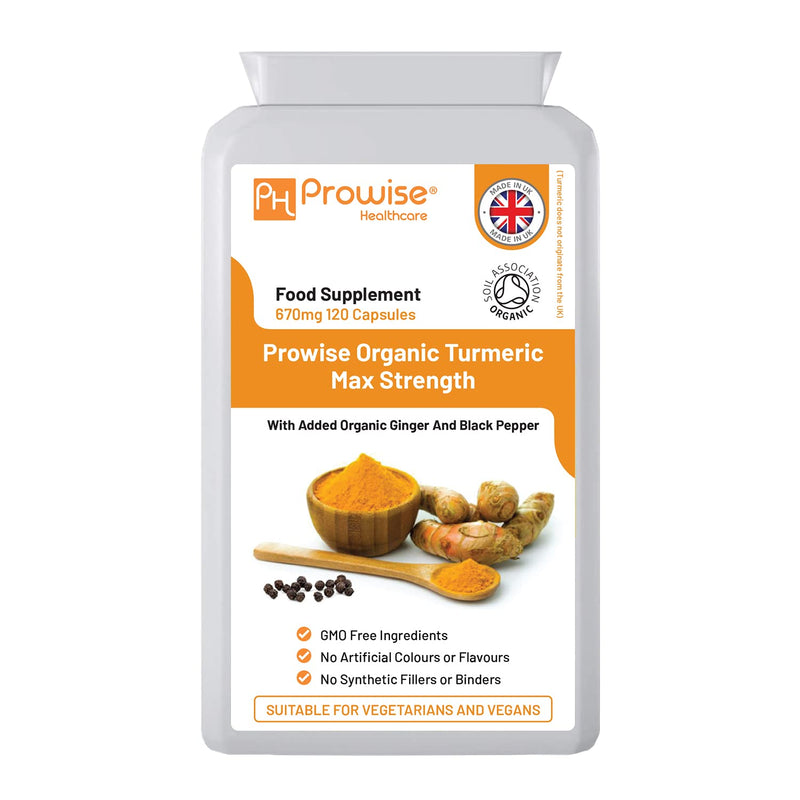 [Australia] - Organic Turmeric Curcumin 670mg - 120 Capsules | Organic Turmeric and Black Pepper Capsules High Strength | Vegan & Vegetarian Turmeric Supplements | Certified Organic by Soil Association | Prowise UK 120 Count (Pack of 1) 