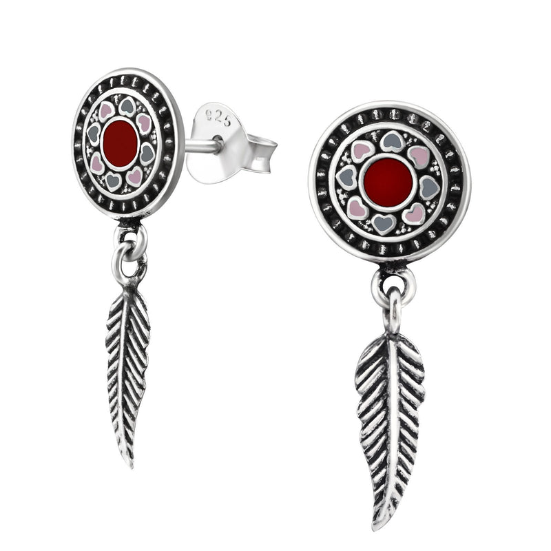 [Australia] - The Rose & Silver Company Women 925 Sterling Silver Round Ear Stud Earrings with Hanging Feather 