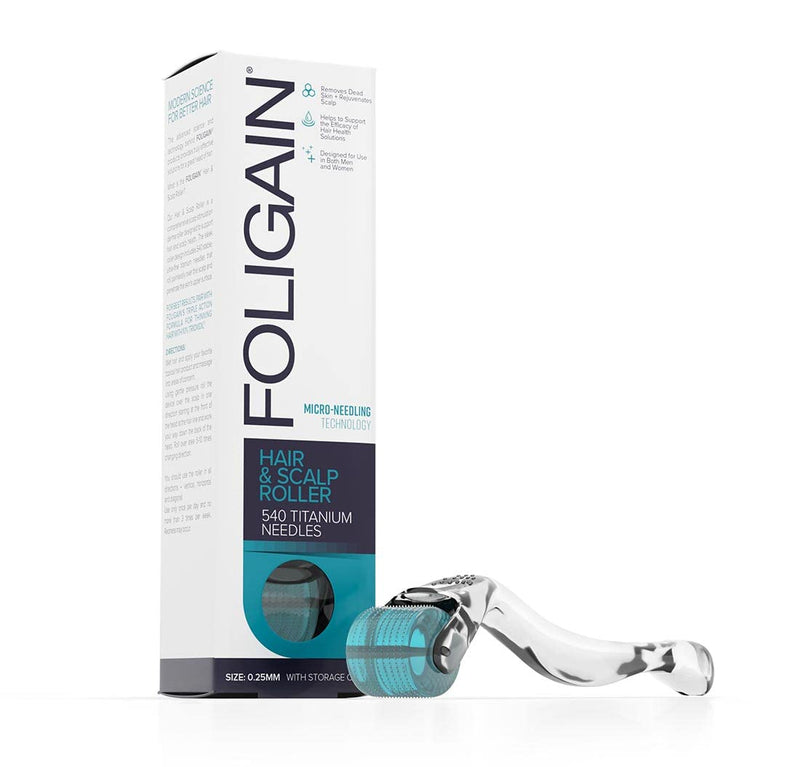 [Australia] - Foligain Hair & Scalp Roller - Microneedling Roller for Thinning Hair - 540 Titanium Microneedles at 0.25mm - Painless Derma Roller for Men & Women - Premium Micro Needling Roller - Stimulates Hair 