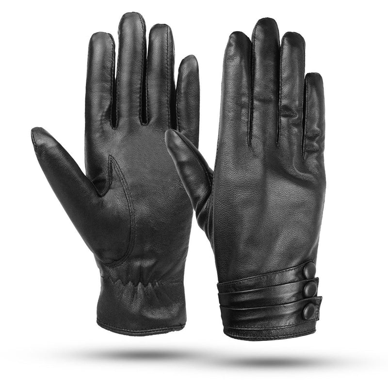 [Australia] - Womens Leather Gloves - Womens Touchscreen Gloves, Ladies Genuine Leather Gloves Black Mittens, Soft Warm Cashmere Lining Winter Gloves With Three Button Decoration 