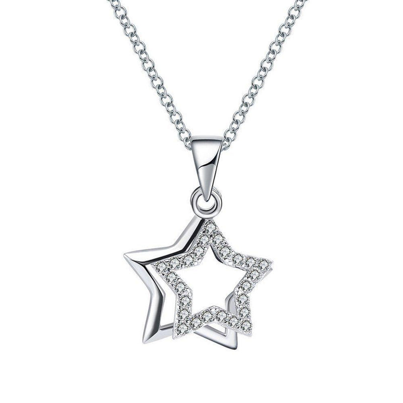 [Australia] - Belons Womens Necklace 925 Sterling Silver AAA Cubic Zirconia Double Stars Pendant Necklace, 18 Inch Chain 