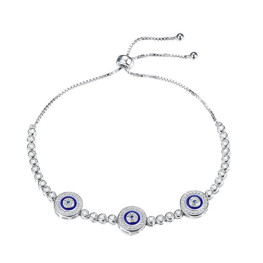 [Australia] - Blue Evil Eye Hamsa Tennis Bracelet Sterling Silver 925 White Cubic Zirconia Adjustable 10 inches Box Chain 