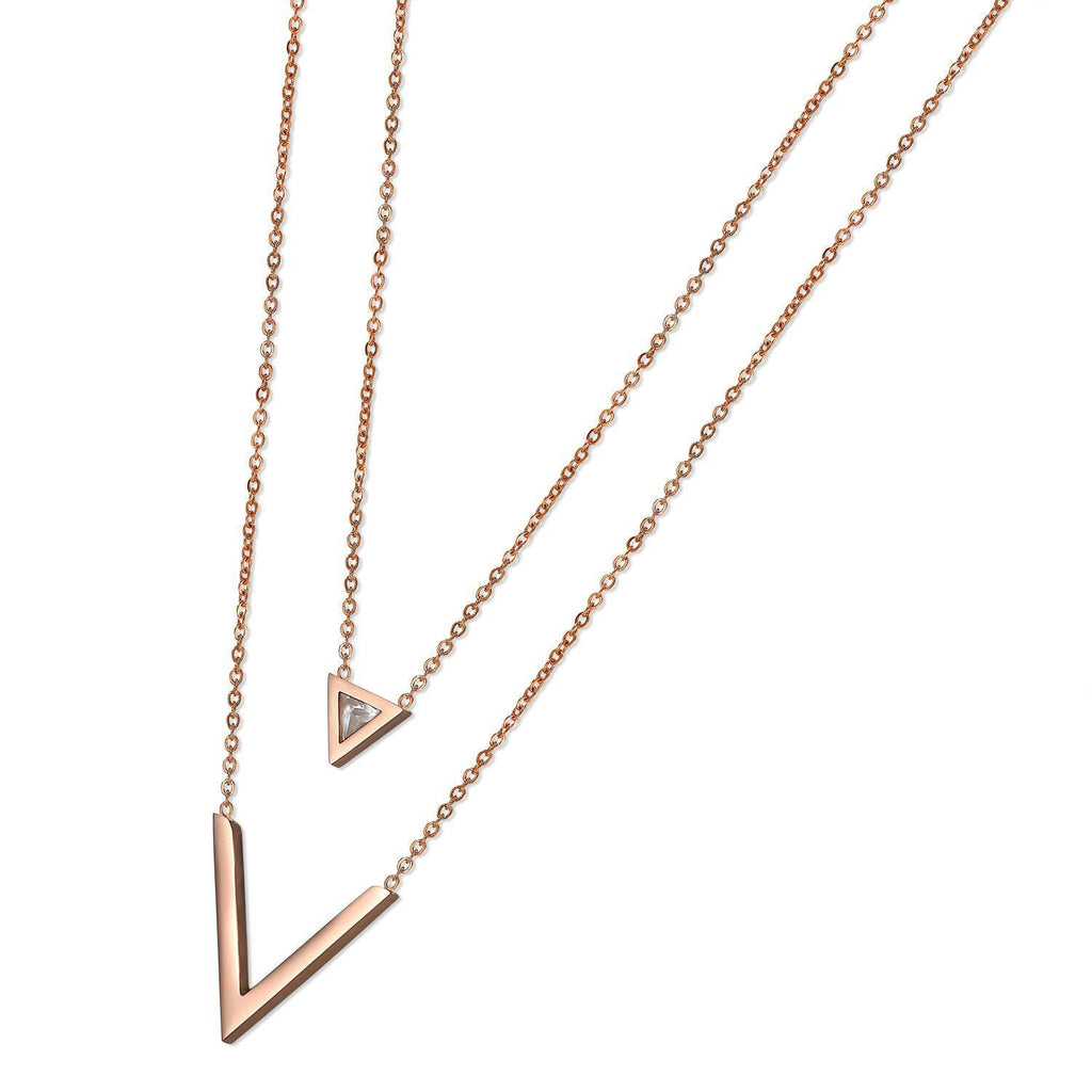 [Australia] - Cupimatch Triangle V Shaped Pendant Double Layer Chain Necklace Rose Gold Plated Women Minimalist Delicate Jewelry 16 inch 