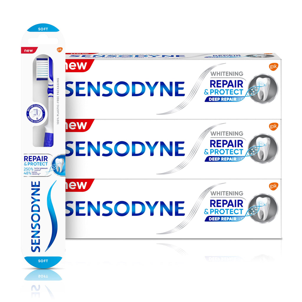 [Australia] - Sensodyne Sensitive Teeth Regime Kit with 3 Whitening Toothpaste and 1 Repair and Protect Soft Toothbrush, 4 Count (Pack of 1) Whitening Bundle 