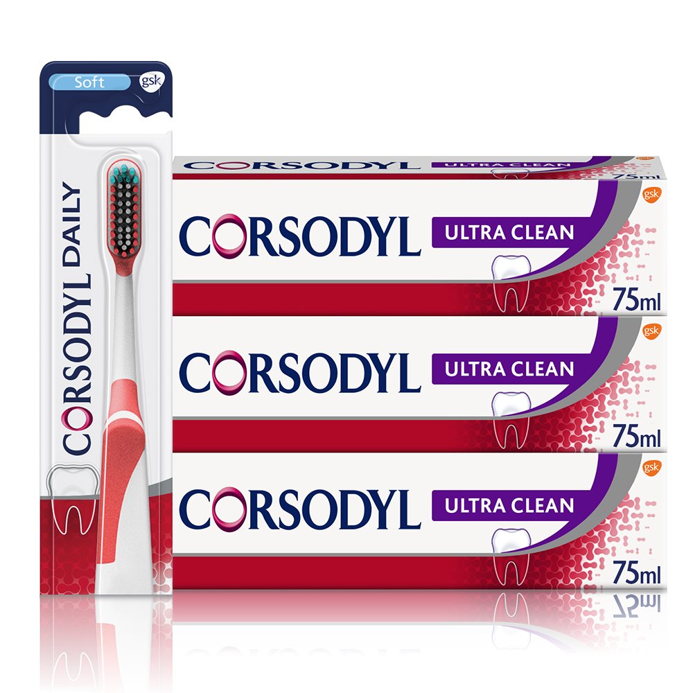 [Australia] - Corsodyl Ultra Clean Gum Care Toothpaste And Toothbrush Multipack, Regime Kit (3 x Ultra Clean Fluoride Toothpaste And 1 x Soft Bristles Toothbrush For Adults) Toothpaste and Toothbrush Kit 