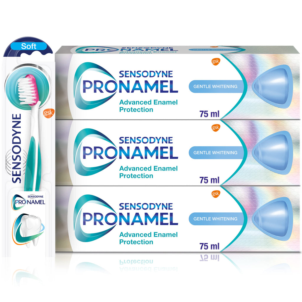 [Australia] - Sensodyne Pronamel Regime Kit | 3x Sensodyne Pronamel Gentle Whitening Cool Mint Toothpaste 75 ml and 1x Pronamel Toothbrush | Daily Oral And Enamel Care Regimen 
