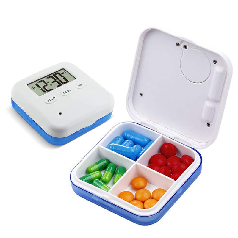 [Australia] - Hanguang Pill Box, 4 Compartment Intelligent Sealed Alarm Pill Box, Mini Portable Electronic Pill Timer-Reminder-Dispenser with Digital Screen for Vitamins, Cod Liver Oil, Supplements and Medication Blue 