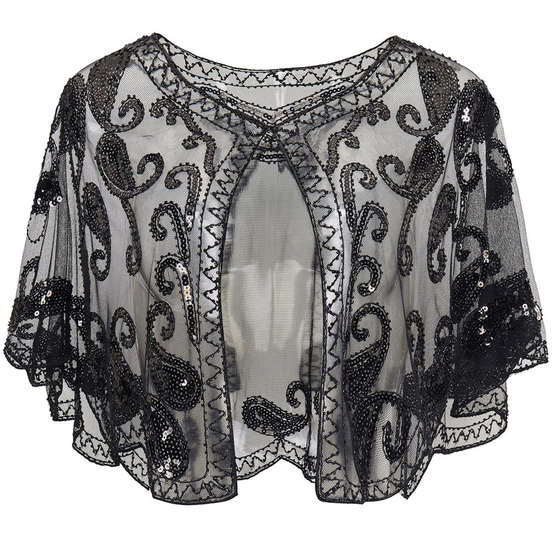 [Australia] - ArtiDeco Women's 1920s Shawl Sequin Beaded Art Deco Evening Cape Vintage Shawl Wraps (Black), Free, Black 
