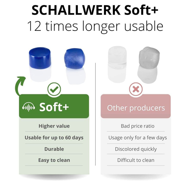 [Australia] - SCHALLWERK ® Soft+ 12 silicone ear plugs for sleeping – optimal support as sleep hearing protection – soft ear plugs – noise cancelling ear plugs 