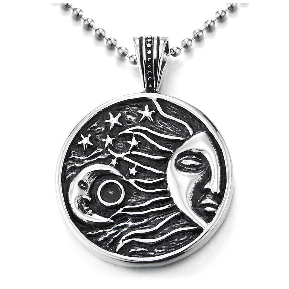 [Australia] - COOLSTEELANDBEYOND Men Women Steel Black Silver Crescent Moon Sun Star Universe Celestial Circle Medal Pendant Necklace 