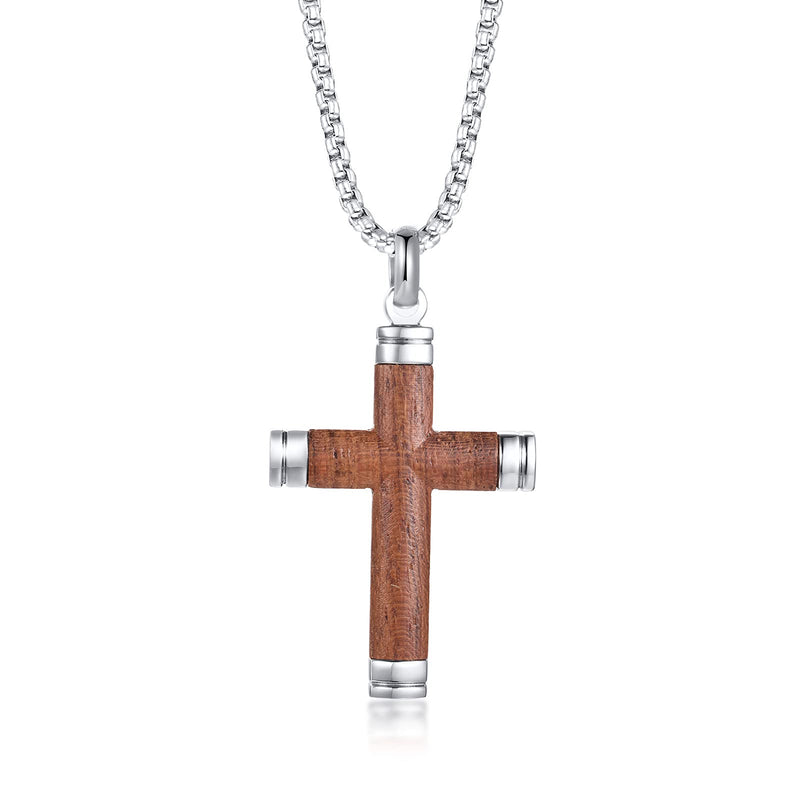 [Australia] - VNOX Two-Tone Stainless Steel Brazil Rosewood Wood Christian Baptism Jesus Cross Pendant Necklace for Men,24" Rolo Chain Chain 60cm-silver No engraving 