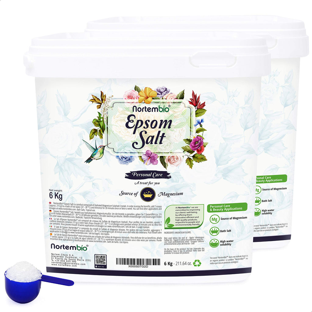 [Australia] - Nortembio Epsom Salt 2x6 Kg. Source of Magnesium. Epsom Bath Salts - Pharmaceutical Grade. Epsom Salts for Bath Bombs, Bathing and Muscle Relaxation. E-Book Included. 2 x 6 Kg 
