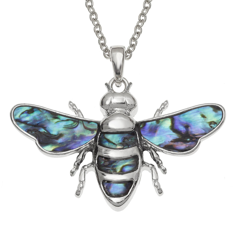 [Australia] - Kiara Jewellery Flying Bee Pendant Necklace Inlaid With Natural Greenish Blue Paua Abalone Shell on 18" Trace Chain. Non Tarnish Silver Colour Rhodium plated. 