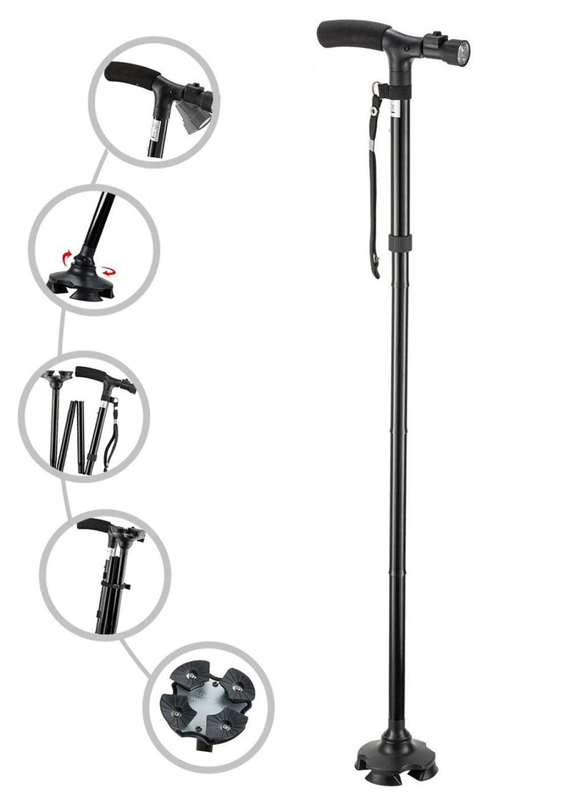 [Australia] - Folding Cane with Led Light, Adjustable Canes and Walking Sticks for Men and Women, Walking Cane Stick for Elderly with Cushion T Handle and Pivoting Quad Base 