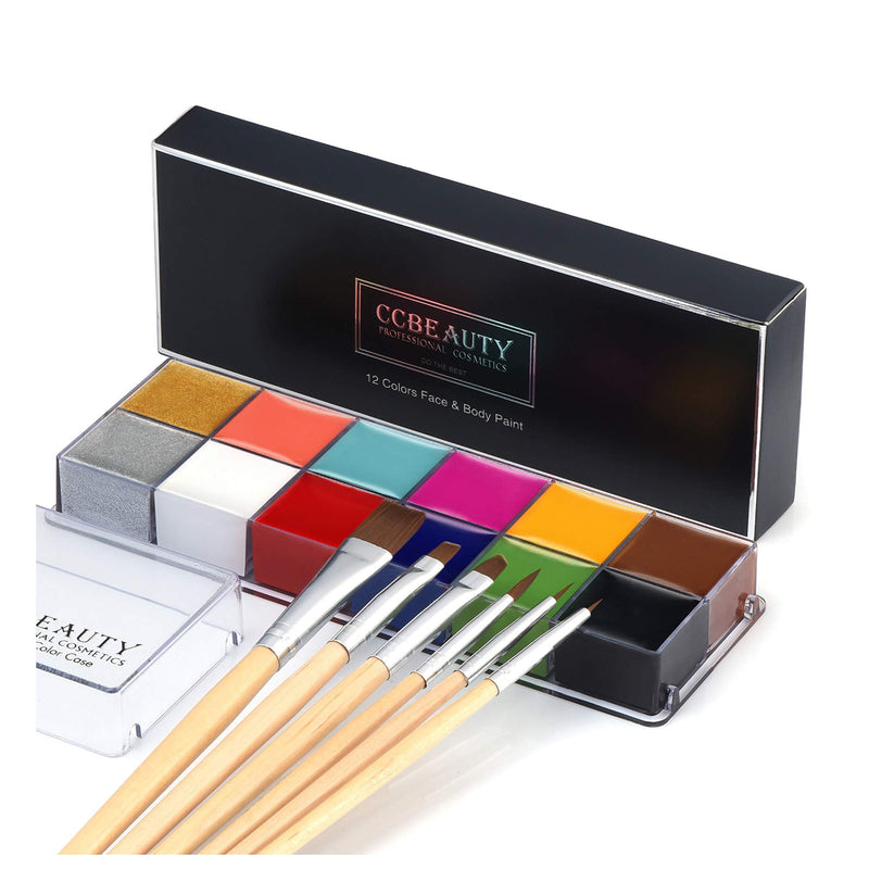 [Australia] - CCbeauty Professional Face Paint Oil for Adult 12 Colors Halloween Body Art Party Fancy Make Up with 6 Wooden Brushes,Deep Deep color + Brushes 