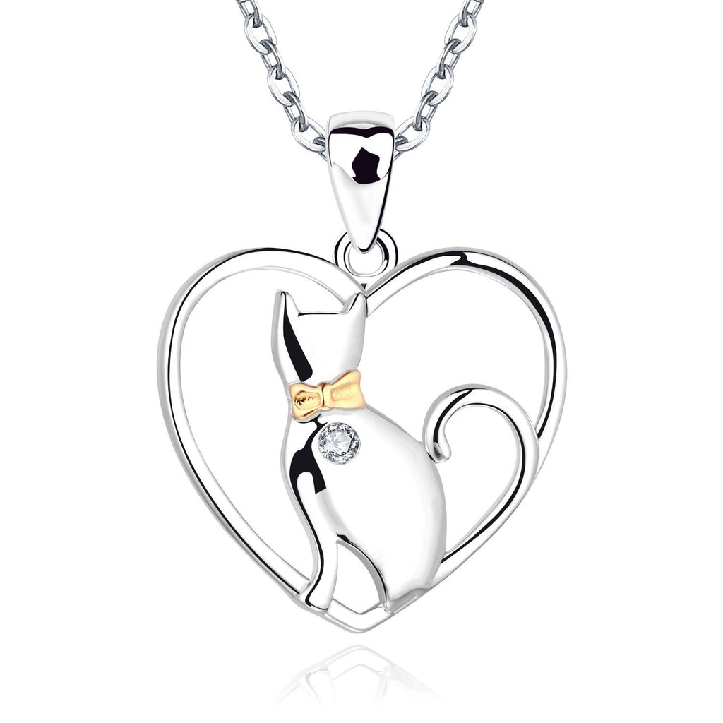 [Australia] - JO WISDOM Women Cat Necklace,925 Sterling Silver Heart Kitten Pendant Necklace with AAA Cubic Zirconia 