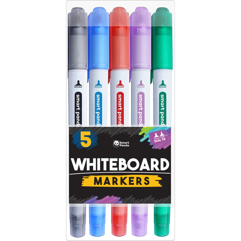 [Australia] - 5 Whiteboard Markers by SmartPanda – Dual Tip, Medium and Fine – Dry Wipe, Perfect for Home, School or Office - 5 Set 