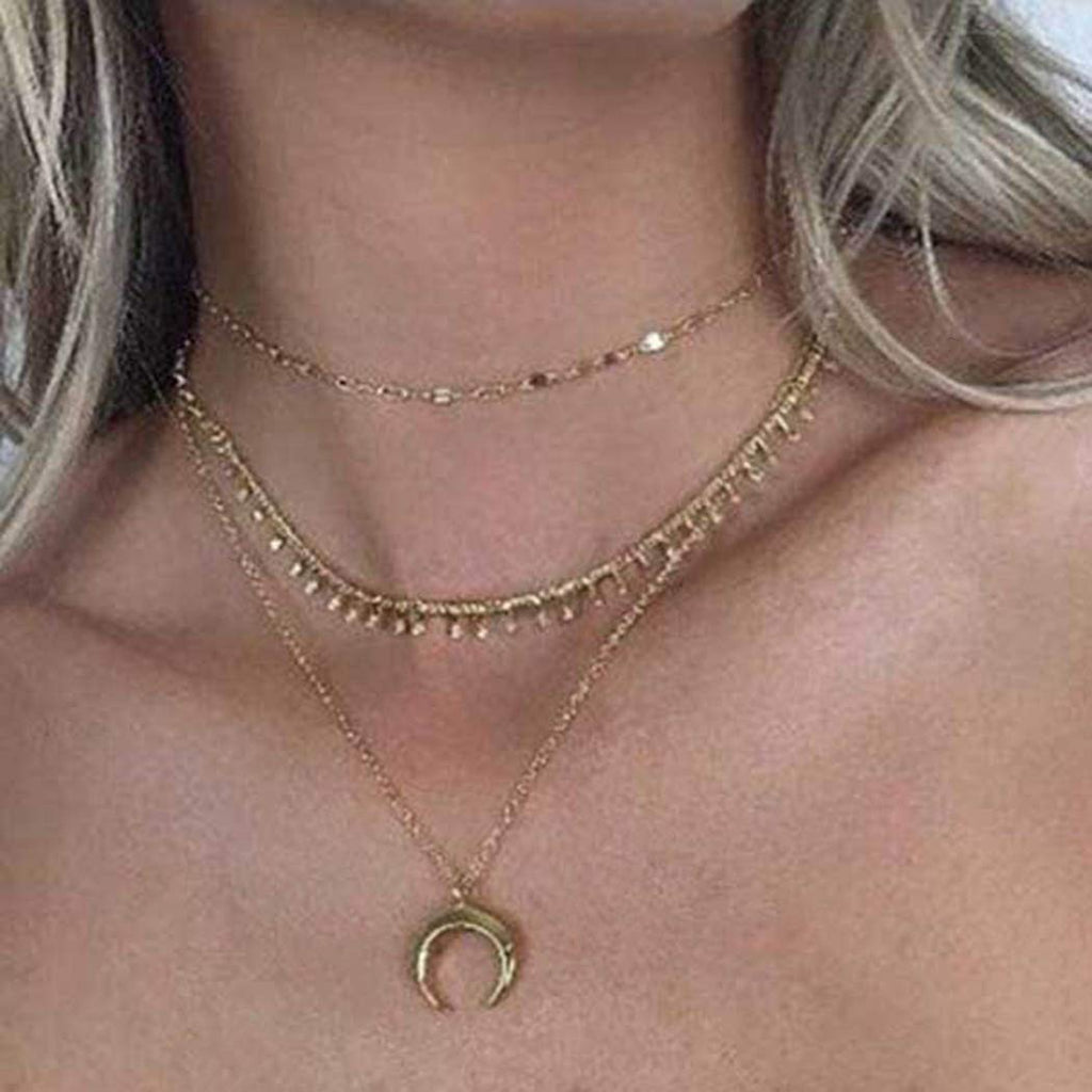 [Australia] - Simsly Retro Choke Fashion Multilayered Metal Horn Moon Necklace Chain Accessories Jewelry Adjustable for Women and Girls (Gold) Gold 