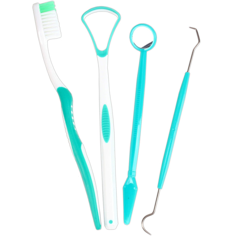 [Australia] - 4Pc Dental Care Kit with Soft Bristle Toothbrush, Tongue Scraper, Mirror & Dentists Tooth Pick for Superior Interdental Cleaning 