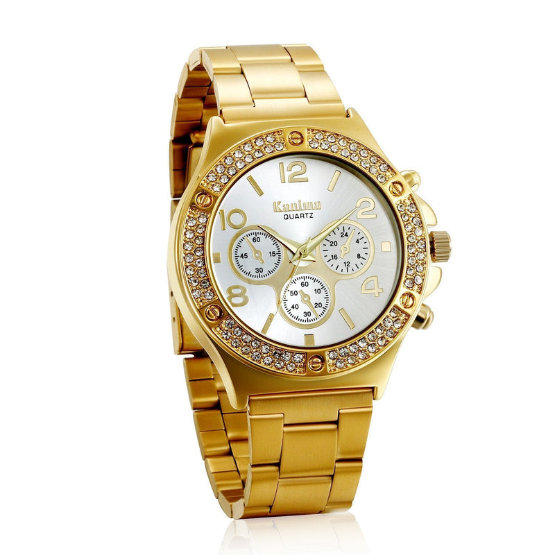 [Australia] - JewelryWe Men Women Bling Watches Stainless Steel Bracelet Quartz Wrist Watch Gold 