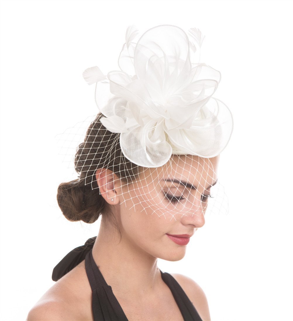 [Australia] - Fascinator Hat Feather Mesh Net Veil Party Hat Ascot Hats Flower Derby Hat with Clip and Hairband for Women A2-white 