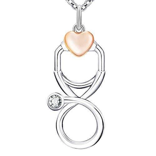 [Australia] - IzuBizu London Womens 925 Stirling Silver Rose Medical Stethoscope Crystal Love Heart Pendant White Diamond Doctor Nurse Necklace 
