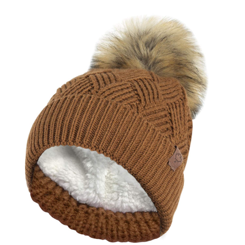 [Australia] - RockJock Ladies Warm Chunky Diamond Cable Knit Hat with Thermal Teddy Fleece Lining and Detachable Faux Fur Pompom CHESTNUT 