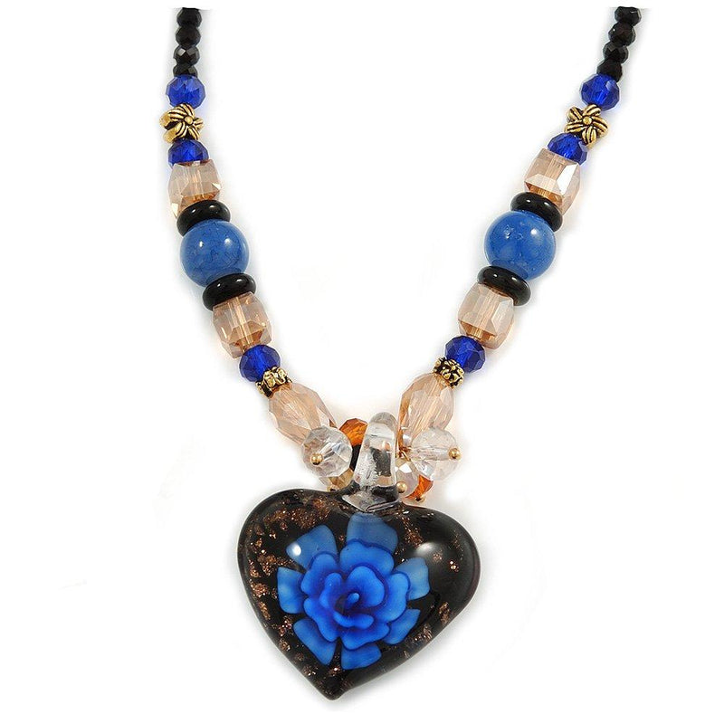 [Australia] - Avalaya Blue/Black/Champagne Crystal, Ceramic, Glass Bead Heart Necklace - 44cm L 