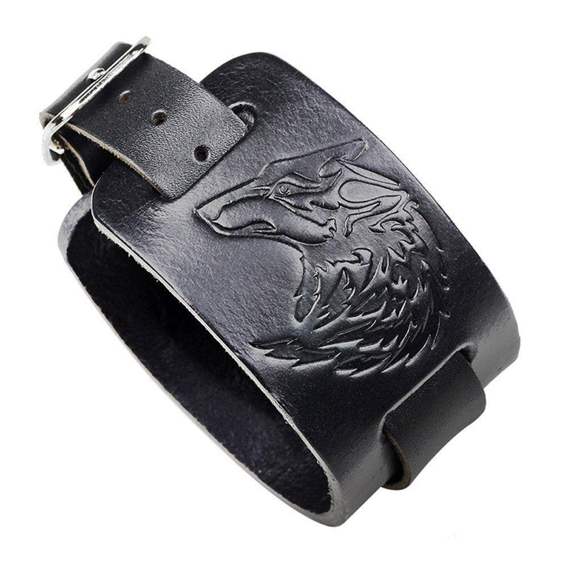 [Australia] - Black Leather Bracelet Wolf Head Bracelet Punk Style Wide Bangle Cuff Bracelet Strap Wristband for Men and Women 