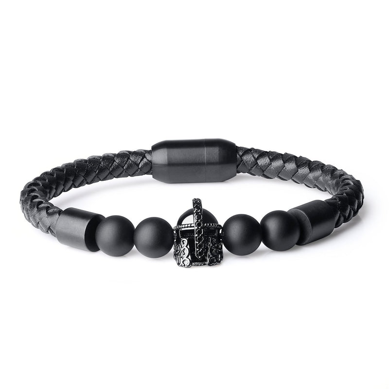 [Australia] - coai Matte Onyx Stone Spartan Helmet Leather Bracelet for Men 