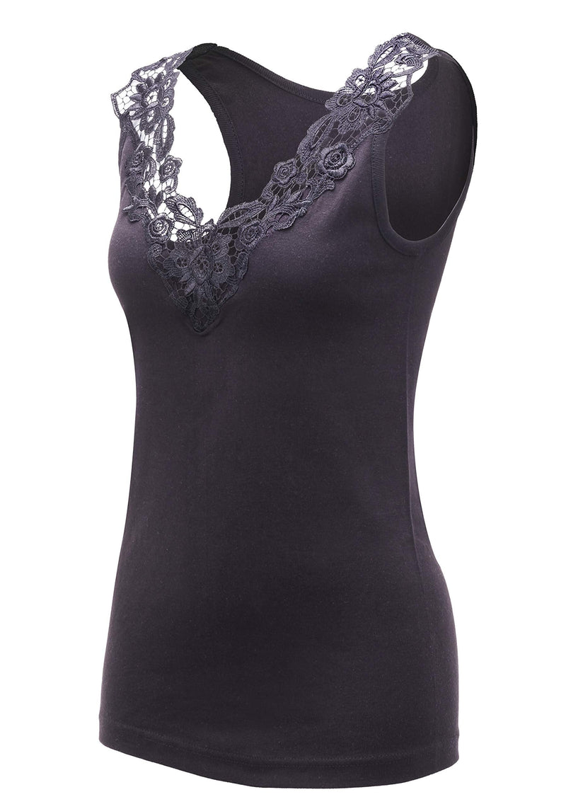 [Australia] - Maria Angel Ladies Plain Cotton Wide Strap Vest Top Lace Trim Neck Design Cami Tank Camisole 18-20 Black 