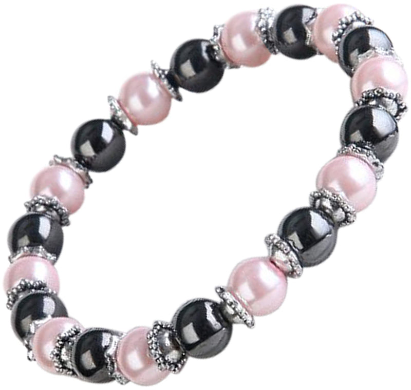 [Australia] - Pretty Pink Pearl & Hematite Stone Natural Magnetic Bracelet for Women - Stretch to Fit Any Wrist - Supplied in a Jewellery Gift Box 