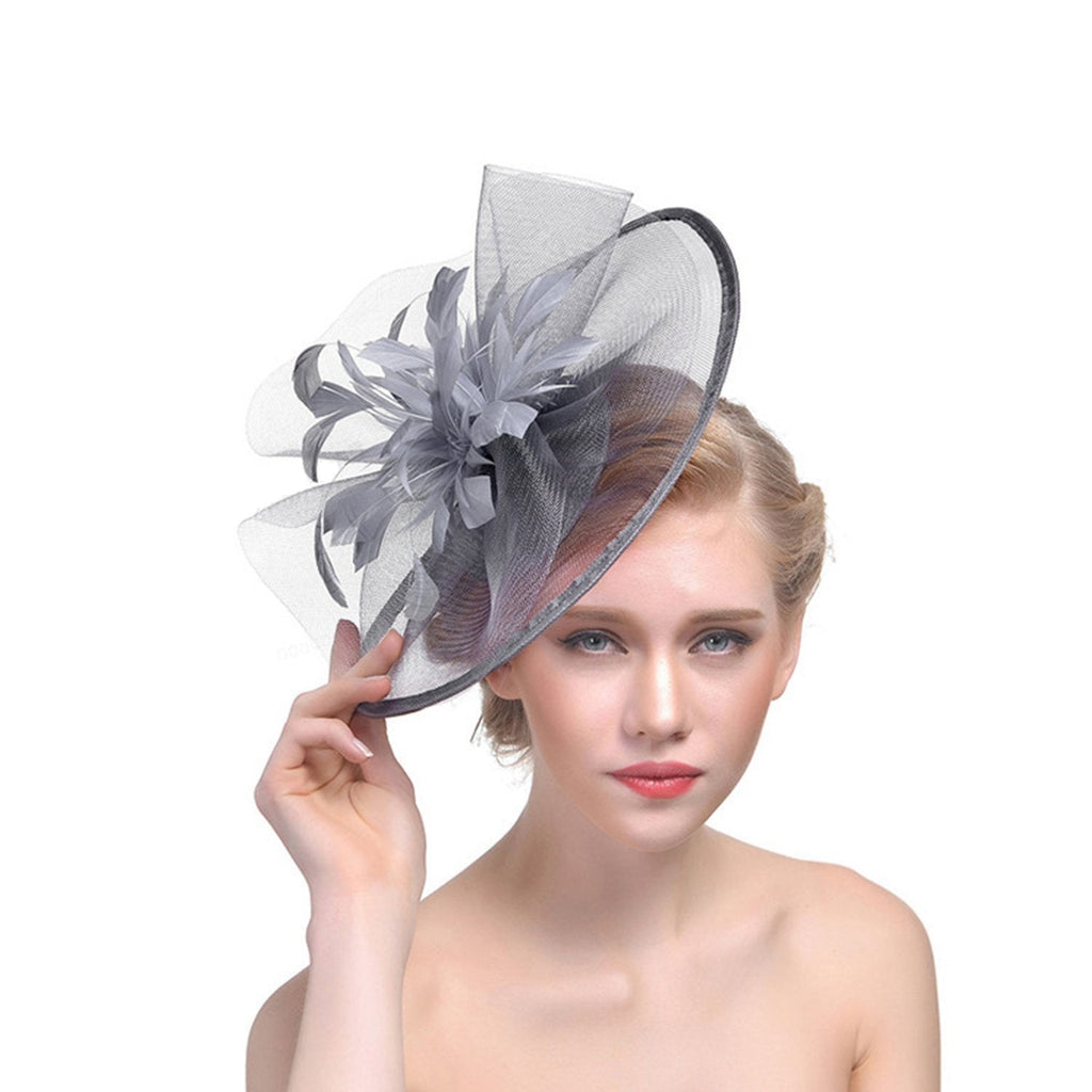 [Australia] - Women Elegant Fascinator Hat Flower Feather Mesh Net Veil Headband Bridal Feather Hair Clip Accessories Pillbox Cocktail Royal Ascot Tea Party Church Derby Hat Grey 