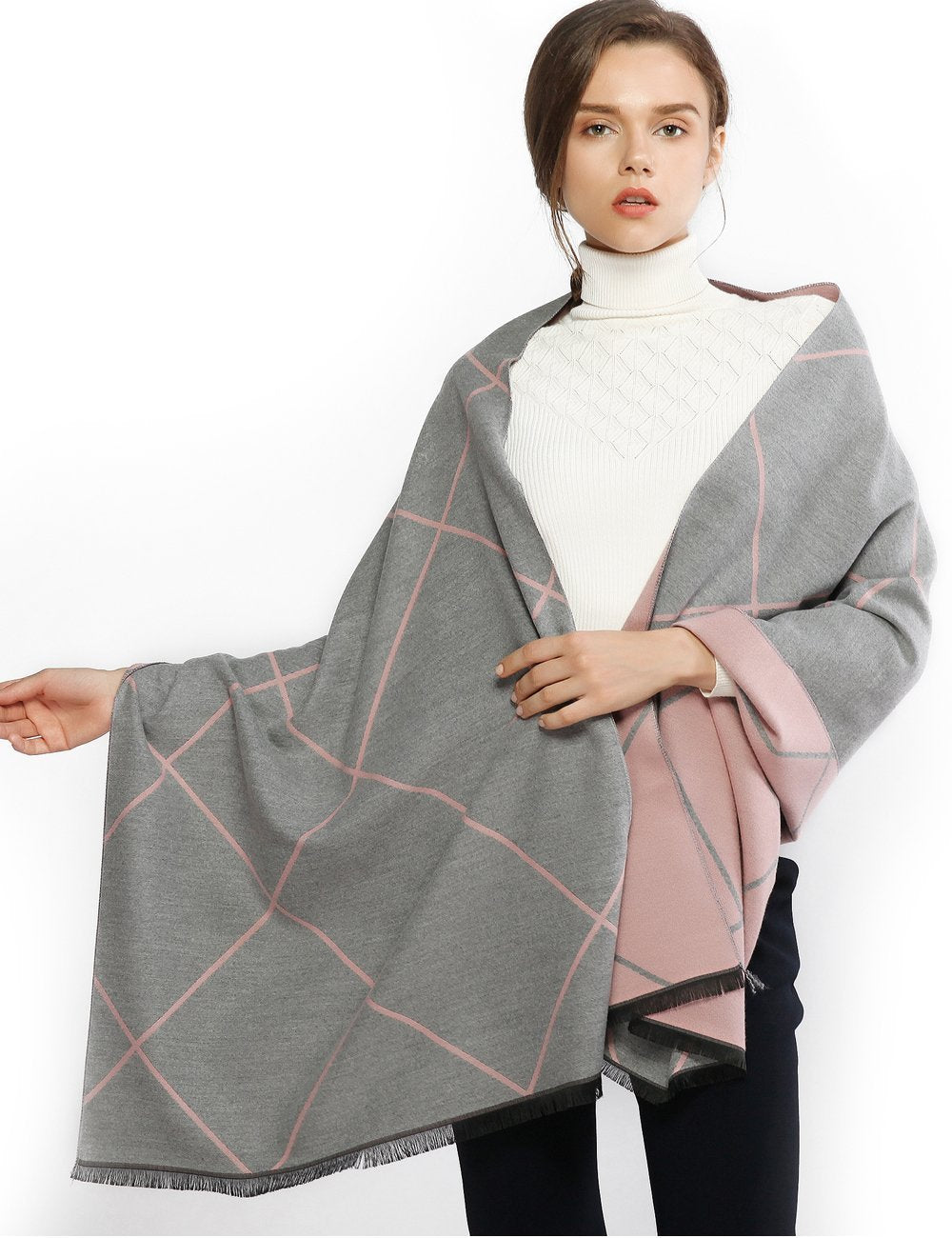 [Australia] - RIIQIICHY Women Winter Scarf Pashmina Shawl Wrap with Tassel Plaid Reversible Grey and Pink 
