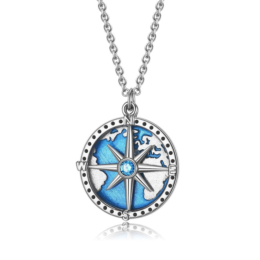 [Australia] - S925 Sterling Silver Compass Map Pendant Women Necklace 18" Compass Necklace 