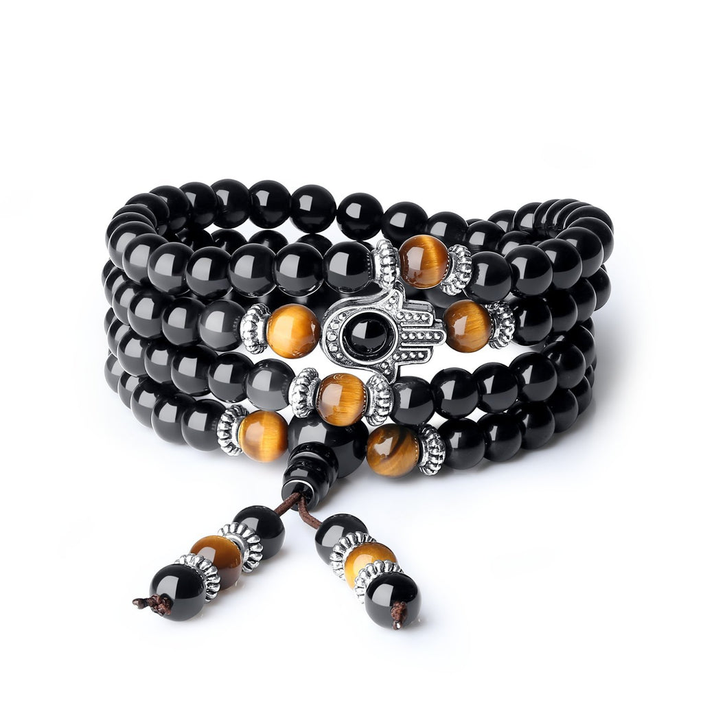 [Australia] - coai 108 Mala Beads Stone Hamsa Hand Bracelet Necklace Obsidian 