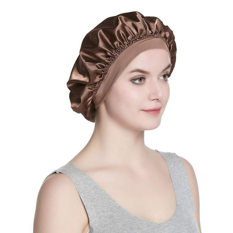 [Australia] - Alnorm Stylish Sleep Cap Silky Double-Layered Satin Bonnet Premium Wide Band Nightcap for Hair Beauty Women Headwear Brown(single layer satin cap) 