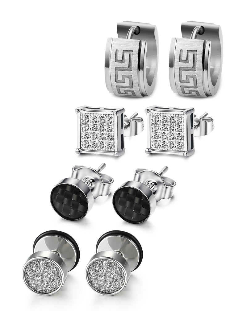 [Australia] - Milacolato 4 Pairs Stainless Steel CZ Stud Earrings for Men Women Hoop Earrings Huggie Piercing Silver Tone 