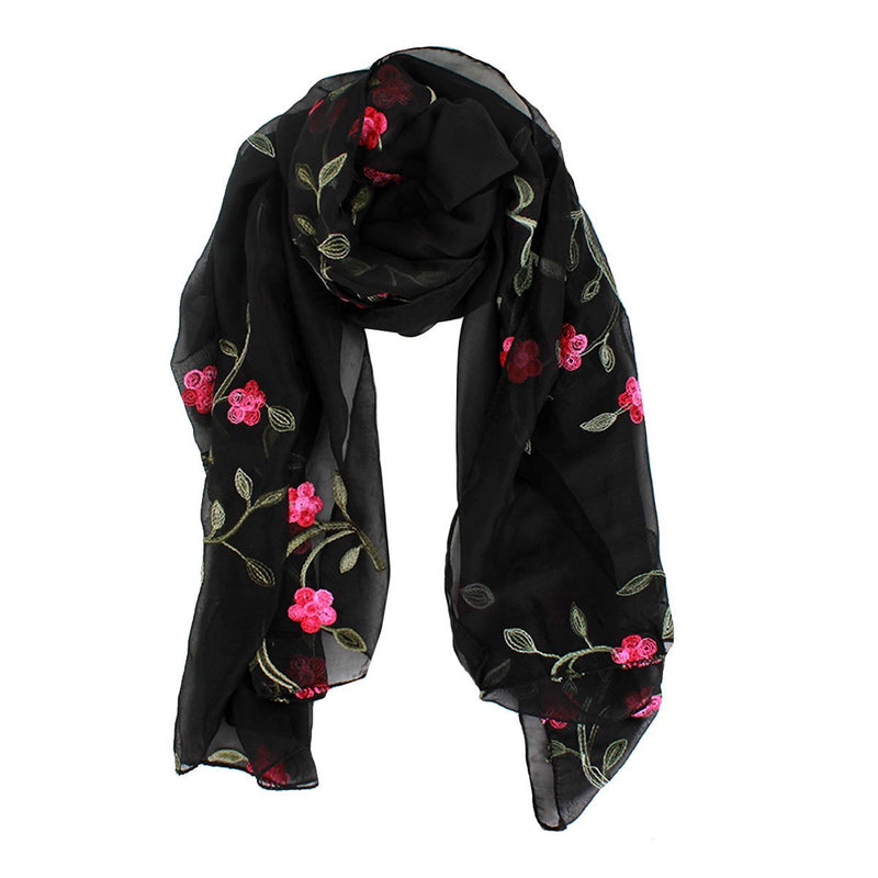 [Australia] - Meliya Fashion Lady Women Long Scarf Ultra-thin Floral Embroidery Sheer Chiffon Shawl Wrap Sunscreen Black 