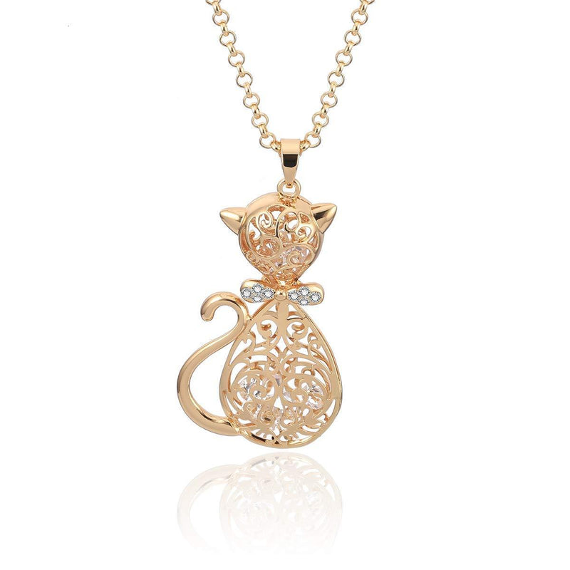 [Australia] - Ouran Cat Pendant Necklace for Women,Gold or Silver Long Chain Necklace Crystal Necklace for Girl Friend Gift Gold Plated 
