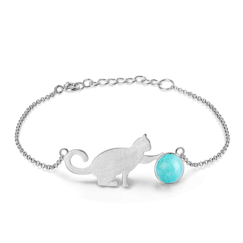 [Australia] - Lotus Fun ✦Gift for Mother's Day S925 Sterling Silver Bracelet Cat Playing Balls Adjustable Bracelets with Chain Length 6.5''-7.6'', Handmade Unique Jewelry for Women and Girls Blue 